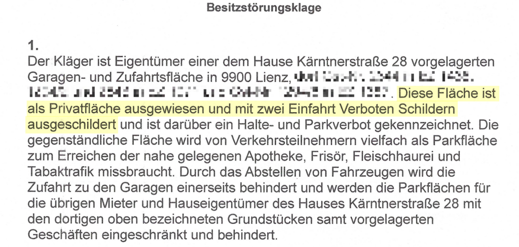 Text Besitzstörungsklage Textauszug Besitzstörungsklage