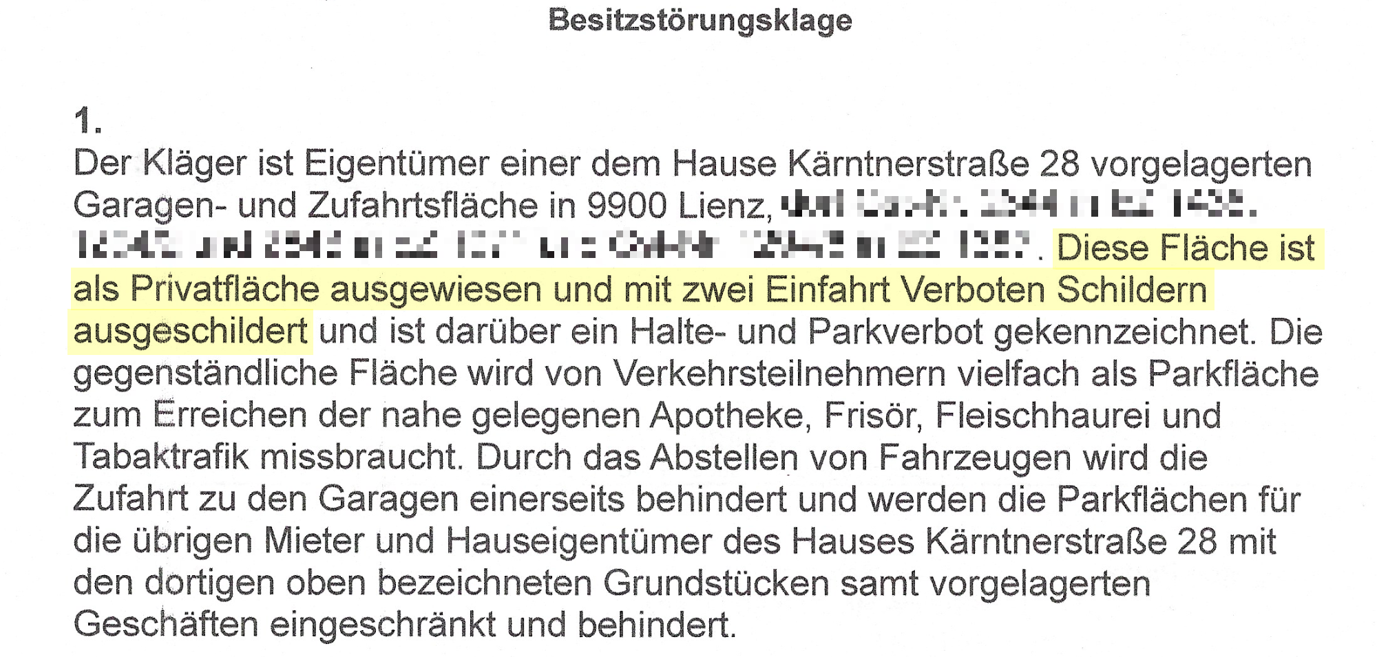 Textauszug Besitzstörungsklage