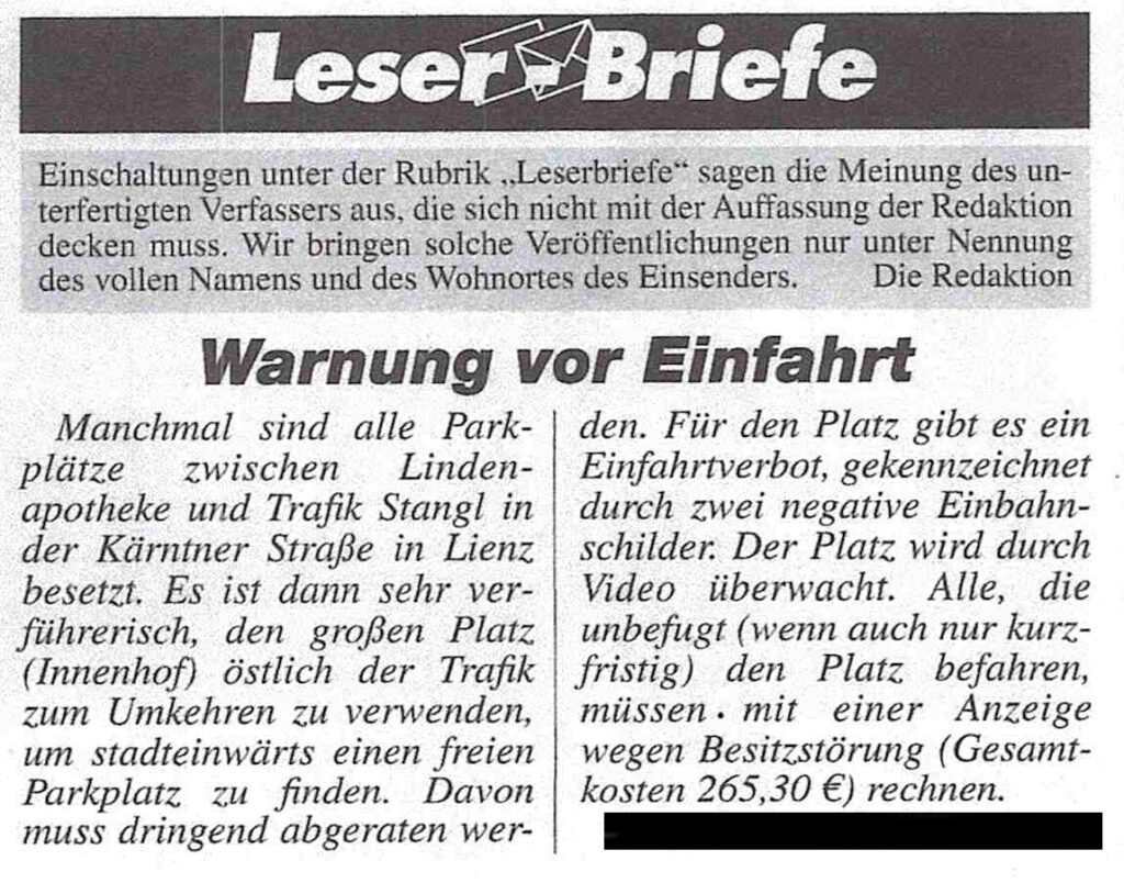 Osttiroler Bote - Leserbrief - Warnung vor der Einfahrt Osttiroler Bote Leserbrief